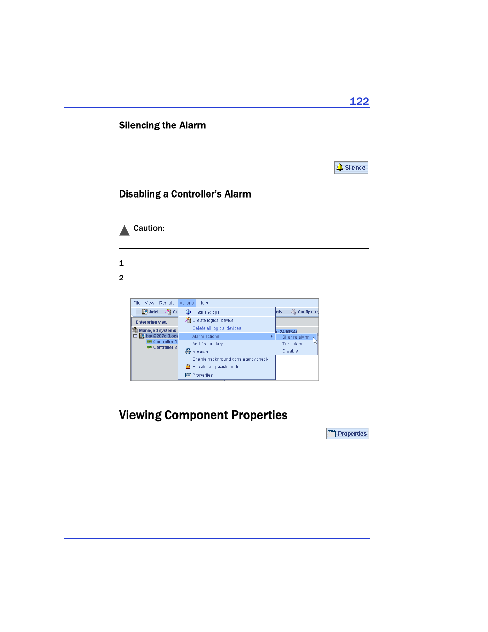 Silencing the alarm, Disabling a controller’s alarm, Viewing component properties | Silencing the alarm disabling a controller’s alarm | Adaptec Storage Manager User Manual | Page 123 / 191