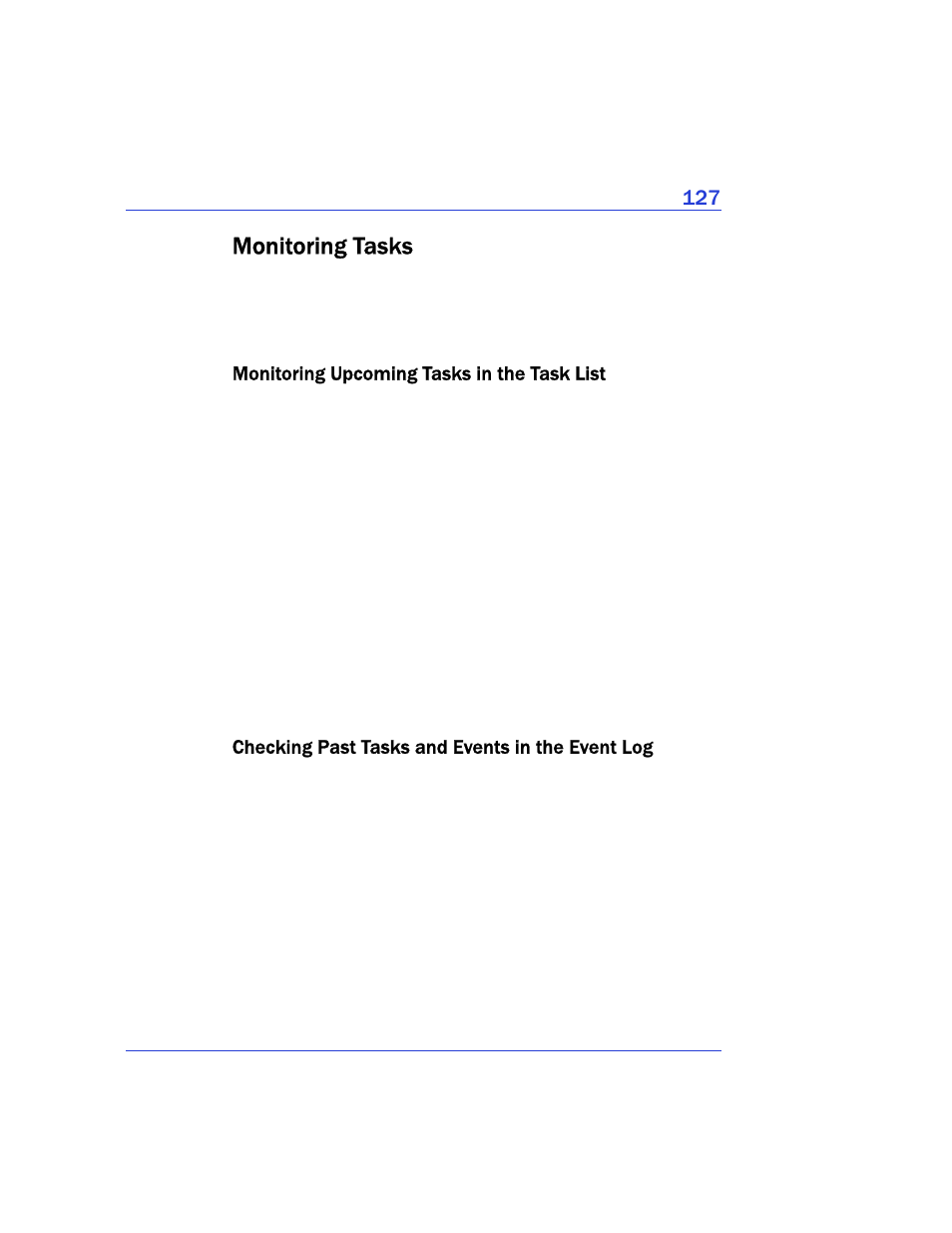 Monitoring tasks, Monitoring upcoming tasks in the task list, Checking past tasks and events in the event log | Adaptec Storage Manager User Manual | Page 128 / 191