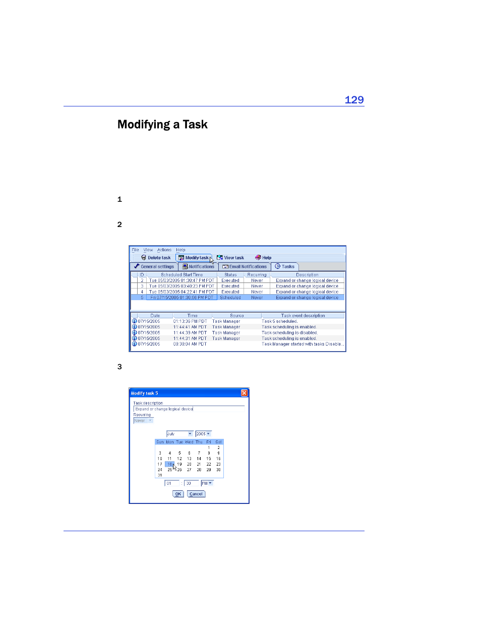 Modifying a task, Modifying a task on | Adaptec Storage Manager User Manual | Page 130 / 191