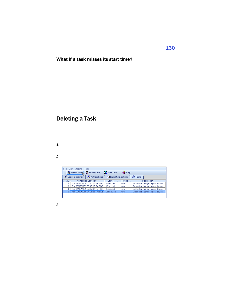 What if a task misses its start time, Deleting a task | Adaptec Storage Manager User Manual | Page 131 / 191