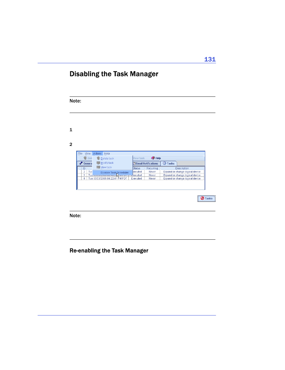Disabling the task manager, Re-enabling the task manager | Adaptec Storage Manager User Manual | Page 132 / 191