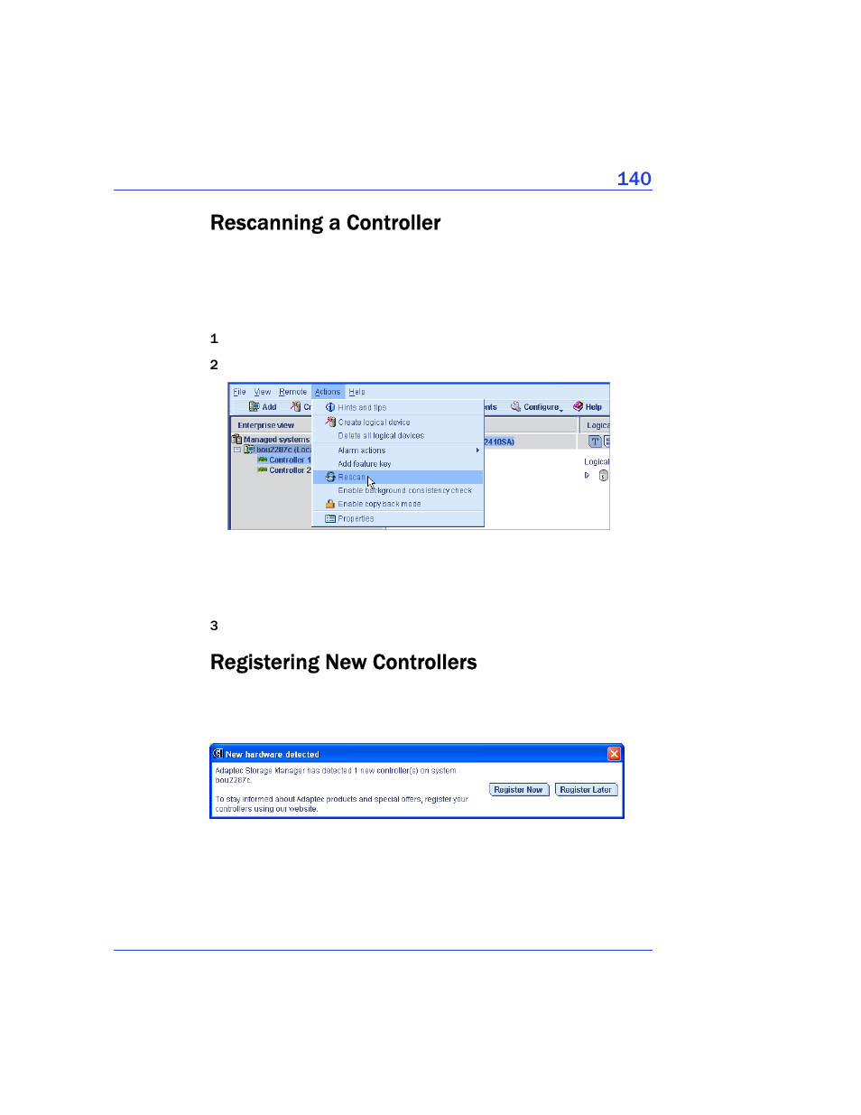 Rescanning a controller, Registering new controllers | Adaptec Storage Manager User Manual | Page 141 / 191