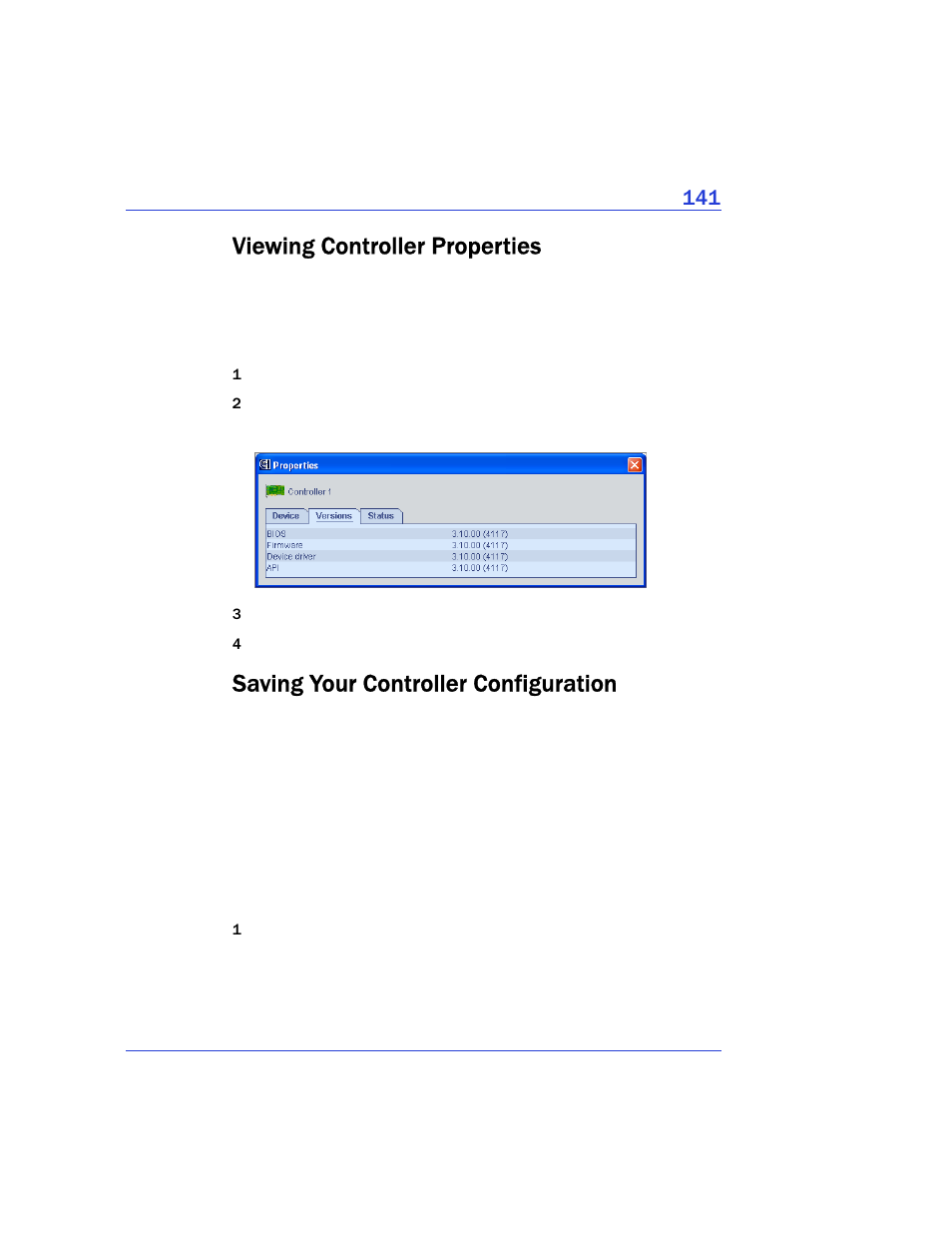 Viewing controller properties, Saving your controller configuration | Adaptec Storage Manager User Manual | Page 142 / 191