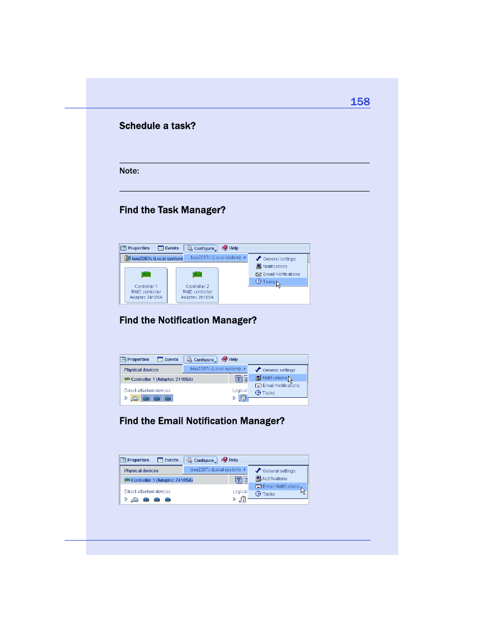 Schedule a task, Find the task manager, Find the notification manager | Find the email notification manager | Adaptec Storage Manager User Manual | Page 159 / 191