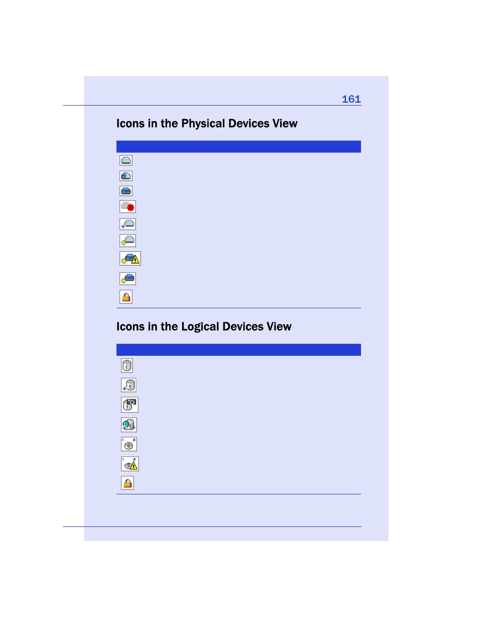 Icons in the physical devices view, Icons in the logical devices view | Adaptec Storage Manager User Manual | Page 162 / 191