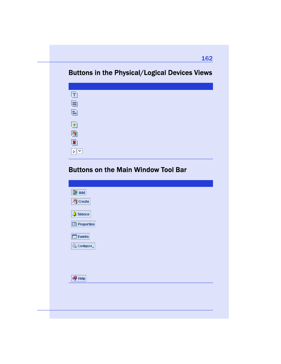 Buttons in the physical/logical devices views, Buttons on the main window tool bar | Adaptec Storage Manager User Manual | Page 163 / 191