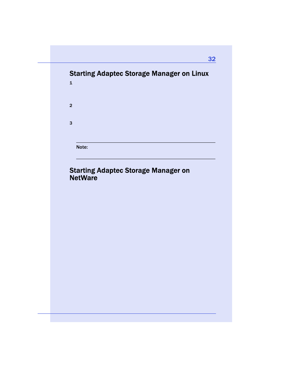 Starting adaptec storage manager on linux, Starting adaptec storage manager on netware, Starting adaptec storage manager on netware on | Adaptec Storage Manager User Manual | Page 33 / 191