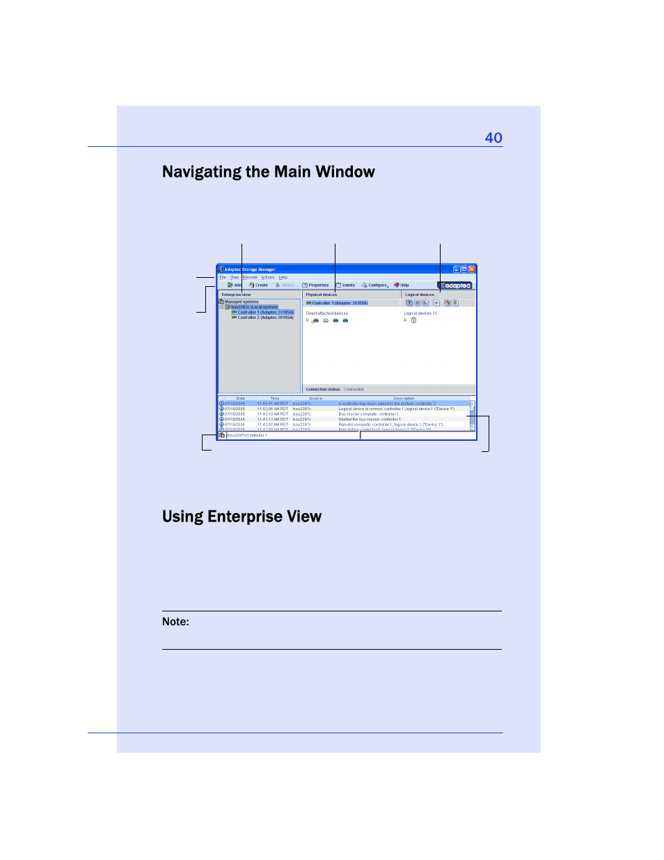 Navigating the main window, Using enterprise view, Navigating the main window using enterprise view | Adaptec Storage Manager User Manual | Page 41 / 191