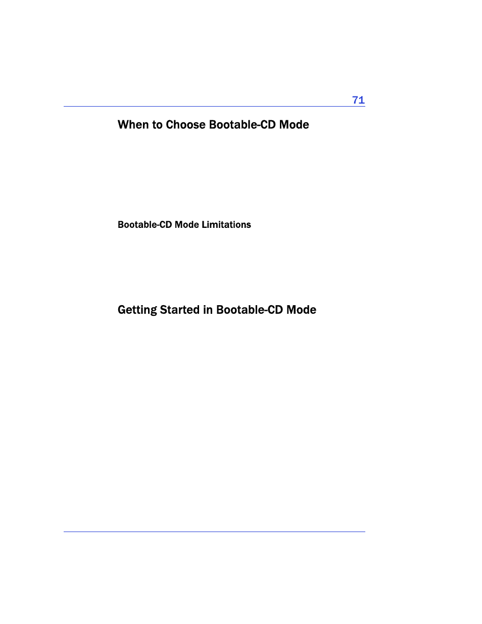 When to choose bootable-cd mode, Bootable-cd mode limitations, Getting started in bootable-cd mode | Adaptec Storage Manager User Manual | Page 72 / 191