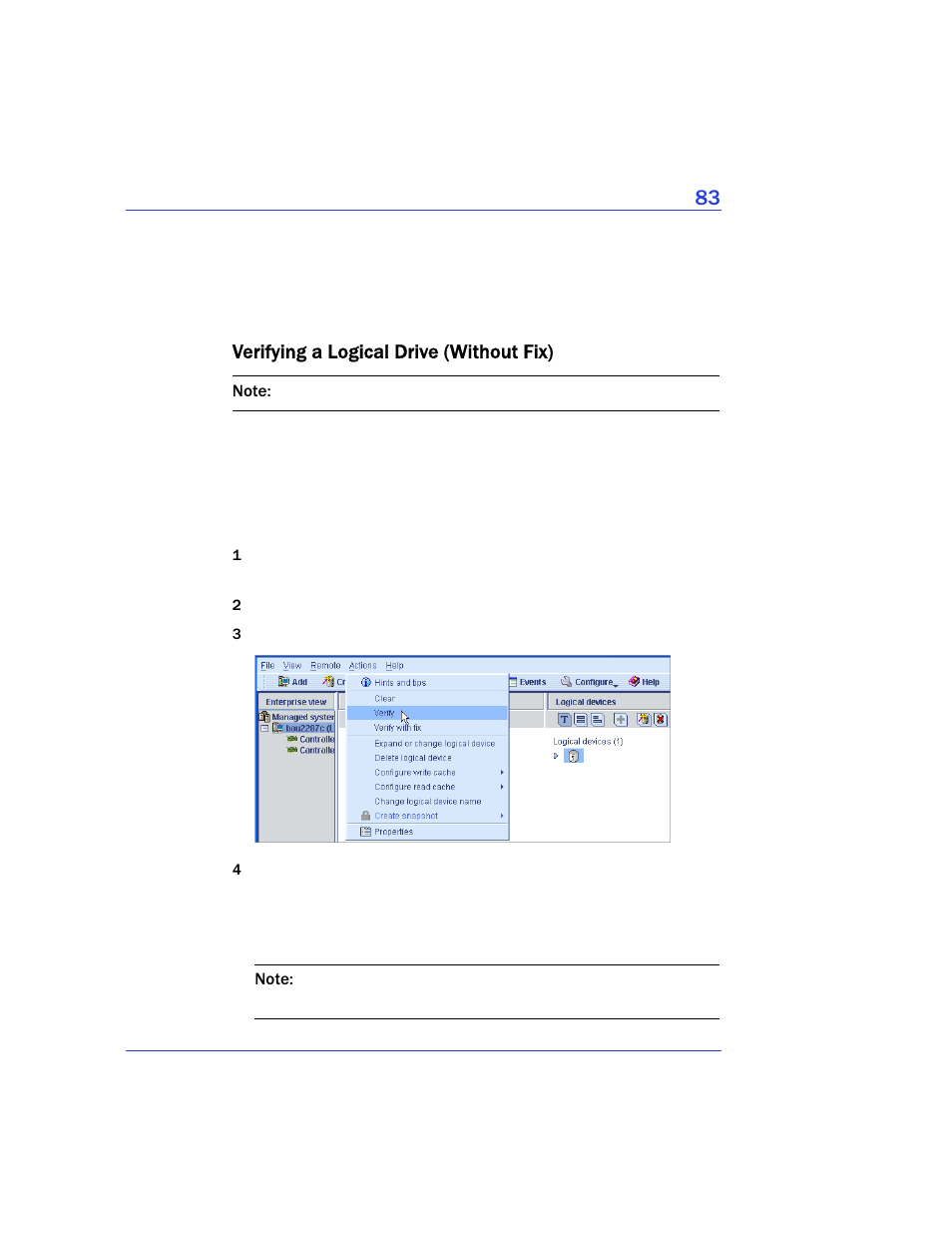Verifying a logical drive (without fix) | Adaptec Storage Manager User Manual | Page 84 / 191