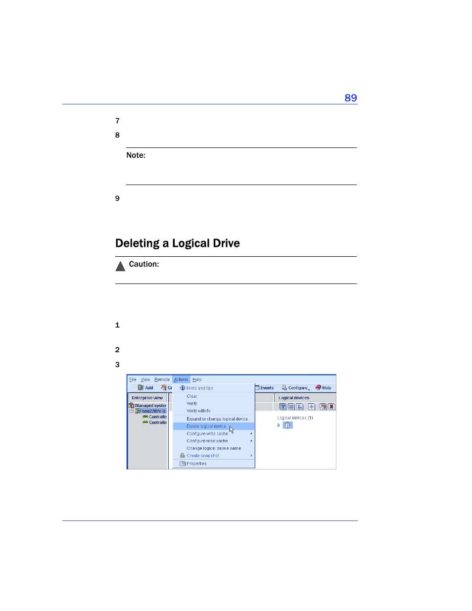 Deleting a logical drive | Adaptec Storage Manager User Manual | Page 90 / 191