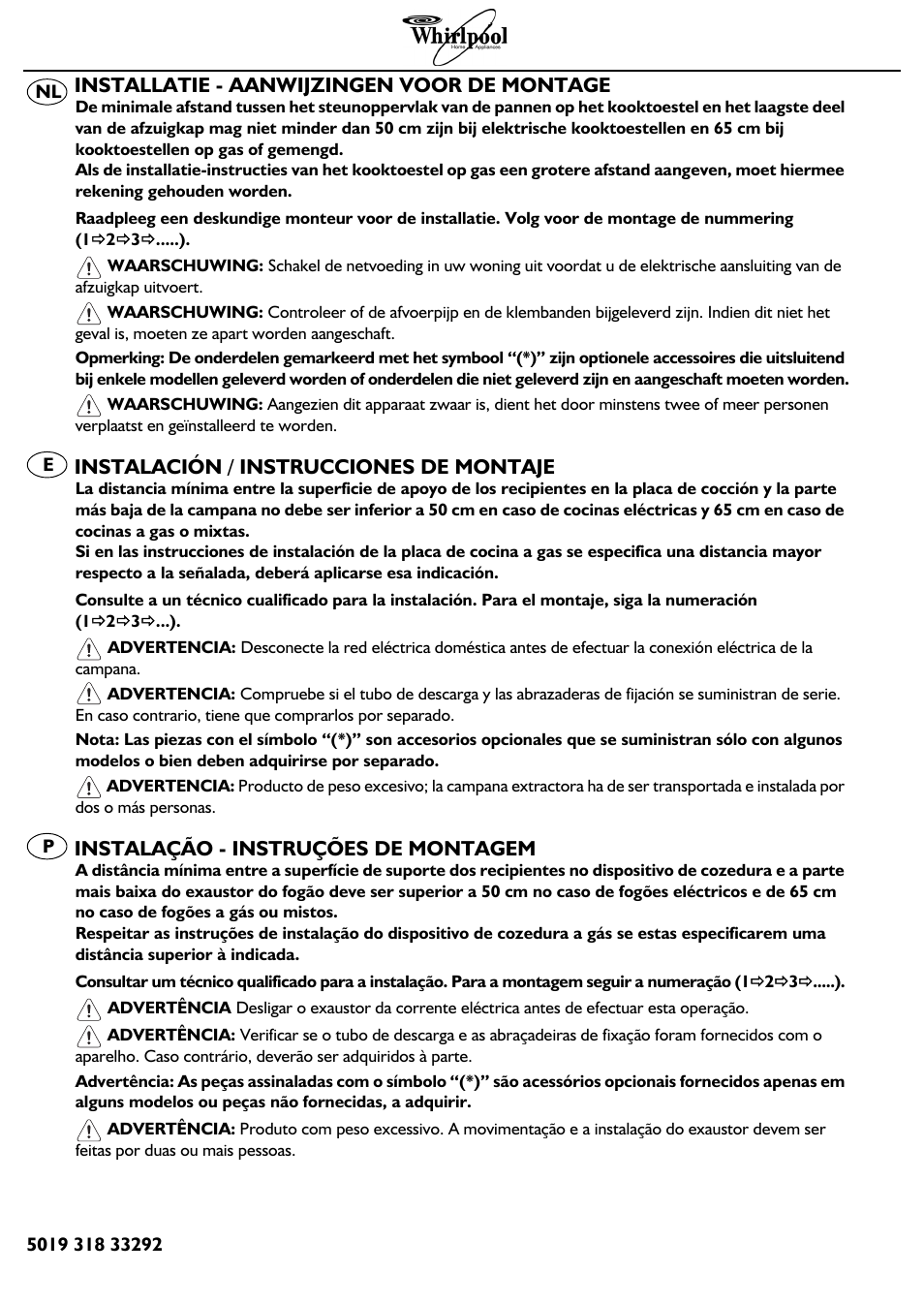 Installatie - aanwijzingen voor de montage, Instalación / instrucciones de montaje, Instalação - instruções de montagem | Whirlpool AKR 703 IX User Manual | Page 2 / 9