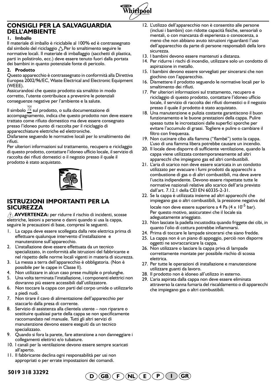 Consigli per la salvaguardia dell’ambiente, Istruzioni importanti per la sicurezza | Whirlpool AKR 703 IX User Manual | Page 6 / 9