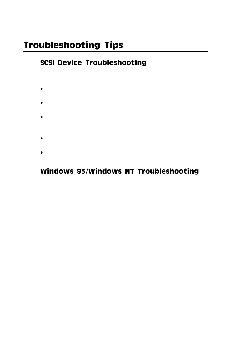 Troubleshooting tips, Scsi device troubleshooting, Windows 95/windows nt troubleshooting | Adaptec PC/104 User Manual | Page 28 / 62