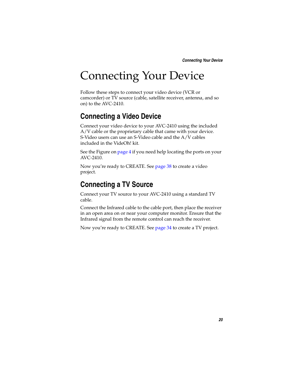 Connecting your device, Connecting a video device, Connecting a tv source | Adaptec AVC-2410 User Manual | Page 28 / 61