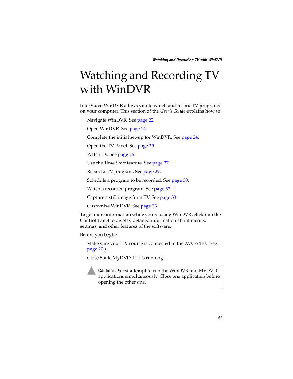 Watching and recording tv with windvr | Adaptec AVC-2410 User Manual | Page 29 / 61