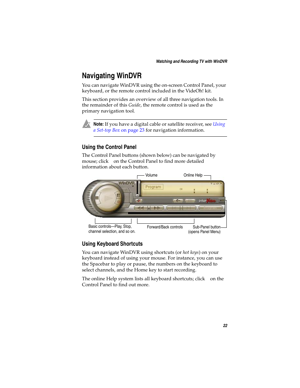 Navigating windvr, Using the control panel, Using keyboard shortcuts | Adaptec AVC-2410 User Manual | Page 30 / 61