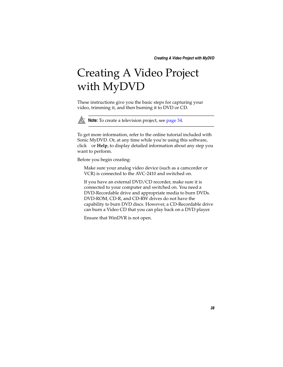 Creating a video project with mydvd | Adaptec AVC-2410 User Manual | Page 46 / 61
