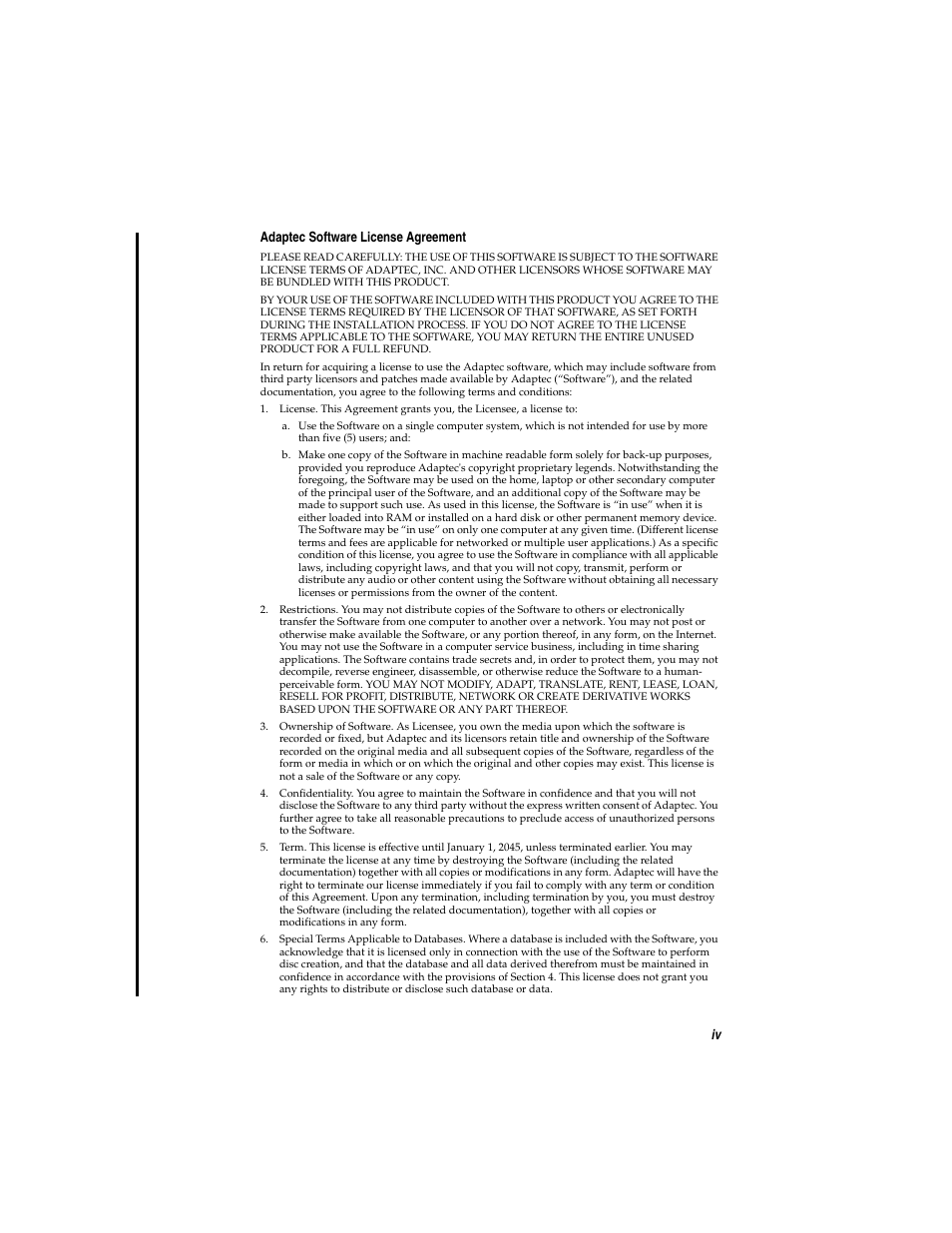 Iv adaptec software license agreement | Adaptec AVC-2410 User Manual | Page 5 / 61