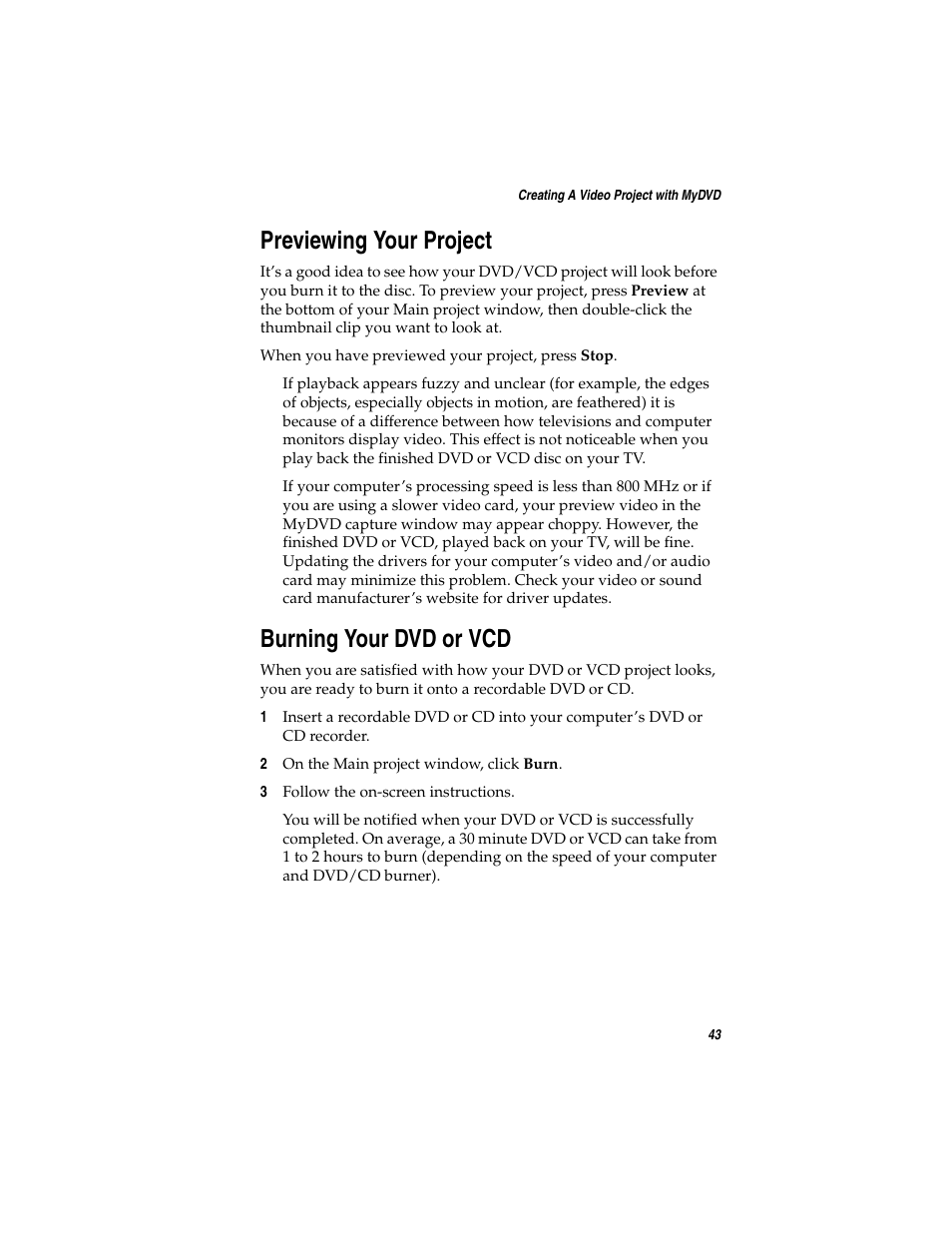 Previewing your project, Burning your dvd or vcd | Adaptec AVC-2410 User Manual | Page 51 / 61