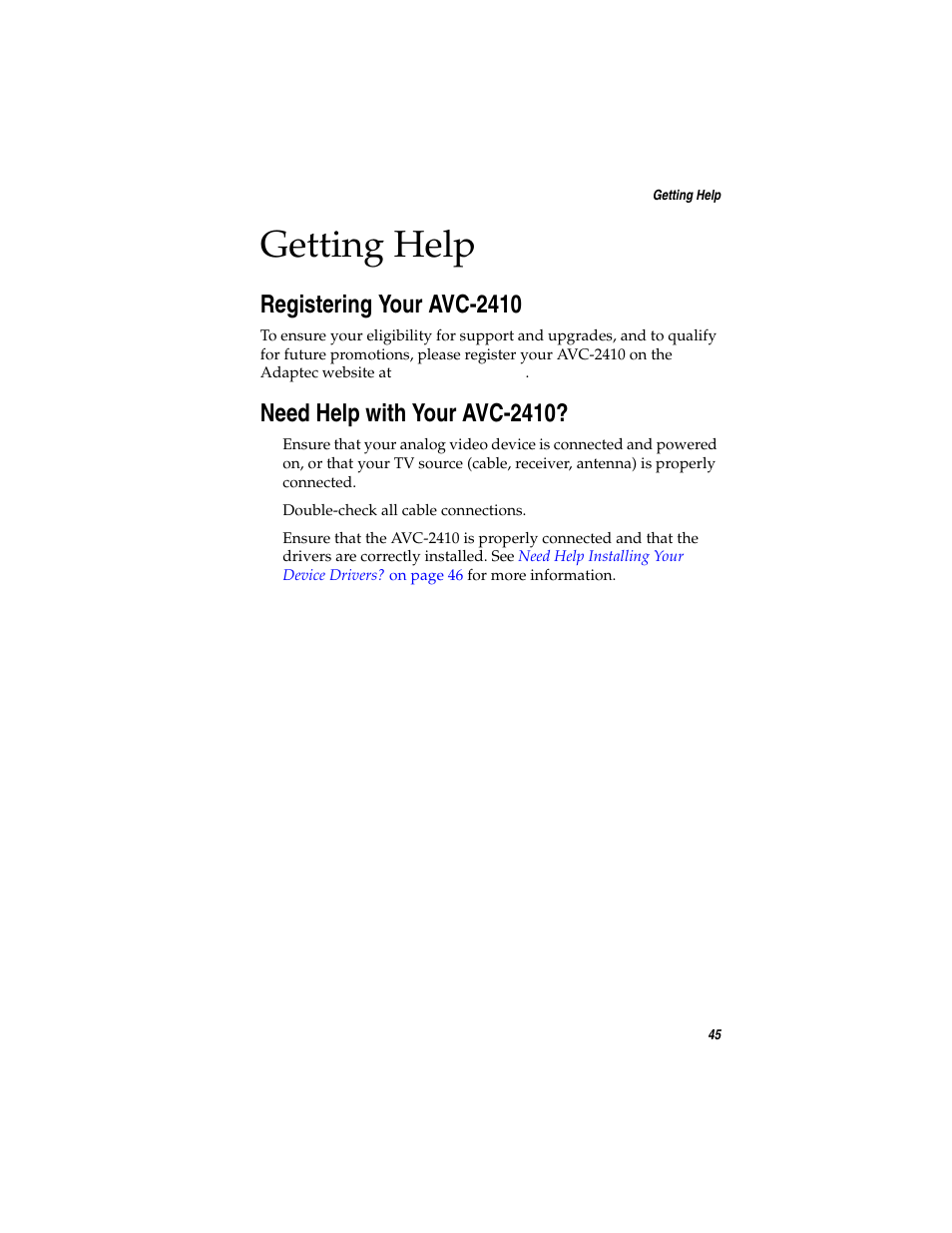Getting help, Registering your avc2410, Need help with your avc2410 | Registering your avc-2410, Need help with your avc-2410 | Adaptec AVC-2410 User Manual | Page 53 / 61