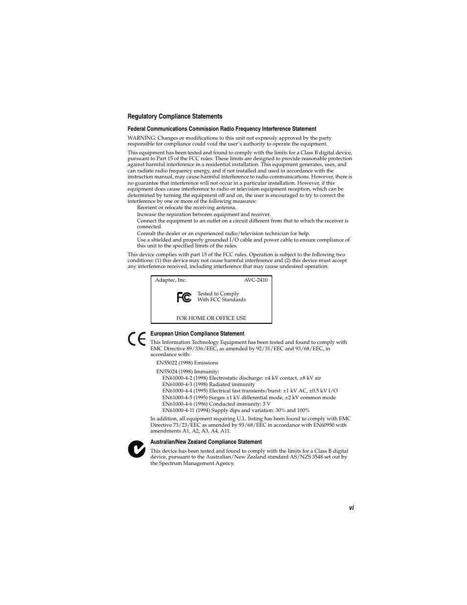 Vi regulatory compliance statements | Adaptec AVC-2410 User Manual | Page 7 / 61