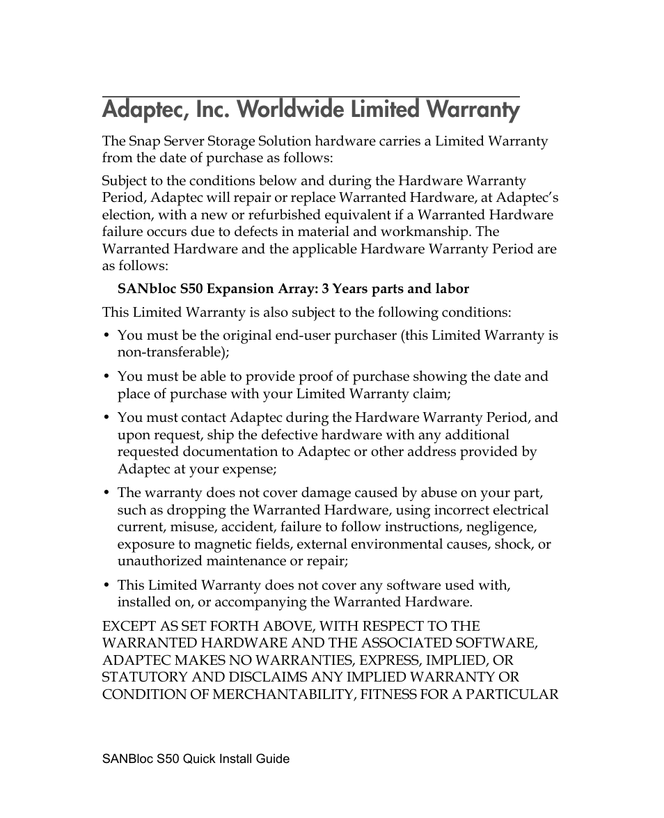 Adaptec, inc. worldwide limited warranty | Adaptec SANBLOC S50 User Manual | Page 14 / 20