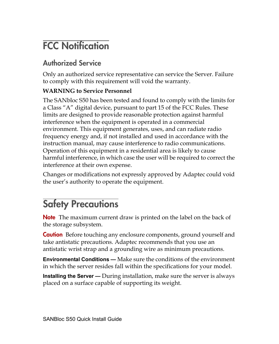 Fcc notification, Authorized service, Safety precautions | Adaptec SANBLOC S50 User Manual | Page 16 / 20