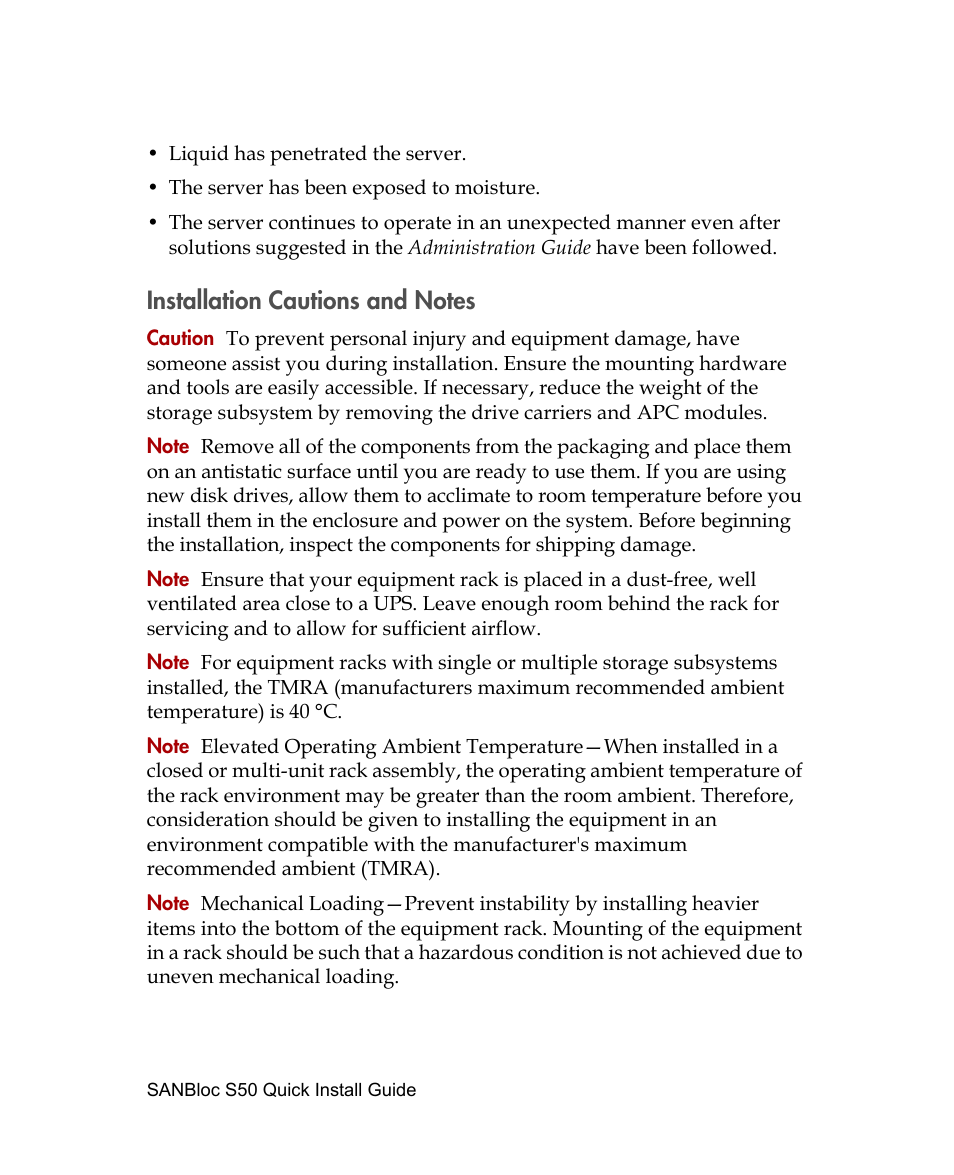 Installation cautions and notes | Adaptec SANBLOC S50 User Manual | Page 18 / 20