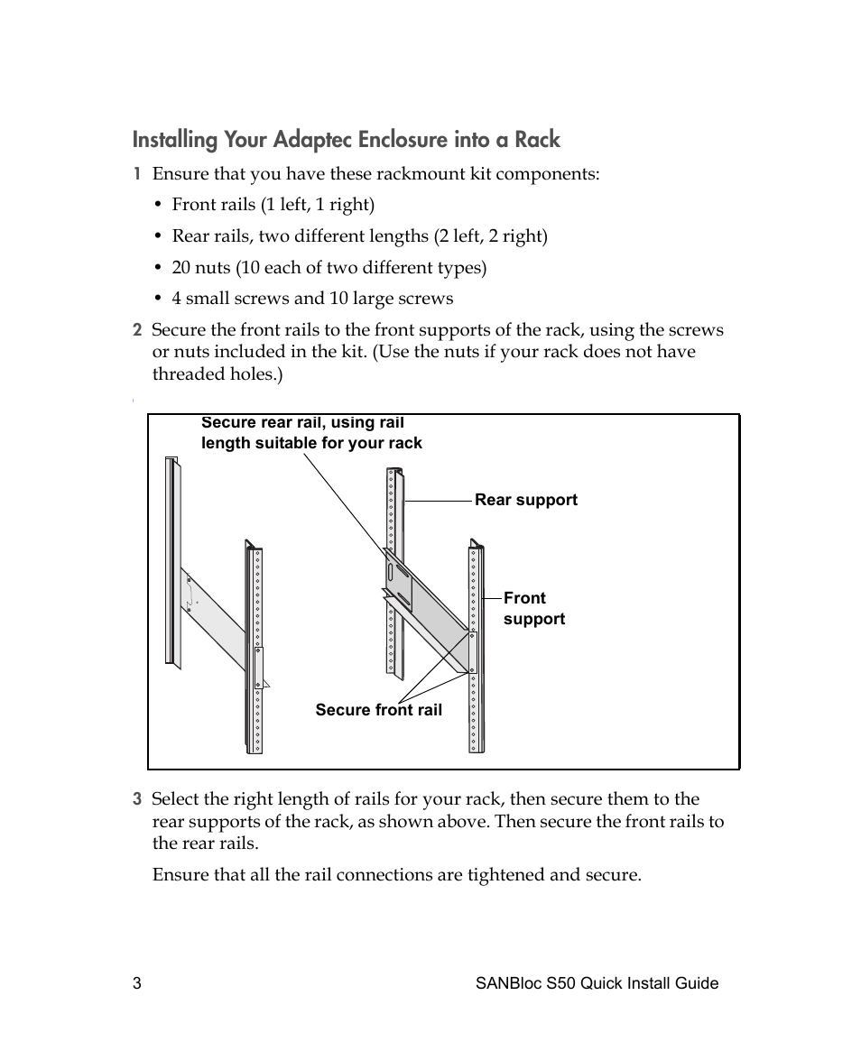 Installing your adaptec enclosure into a rack | Adaptec SANBLOC S50 User Manual | Page 5 / 20