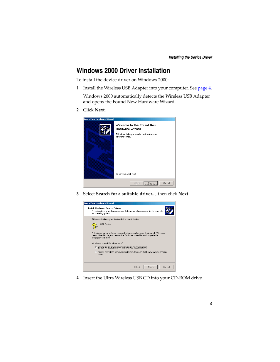 Windows 2000 driver installation | Adaptec Ultra Wireless WirelessTM USB Adapter User Manual | Page 16 / 57