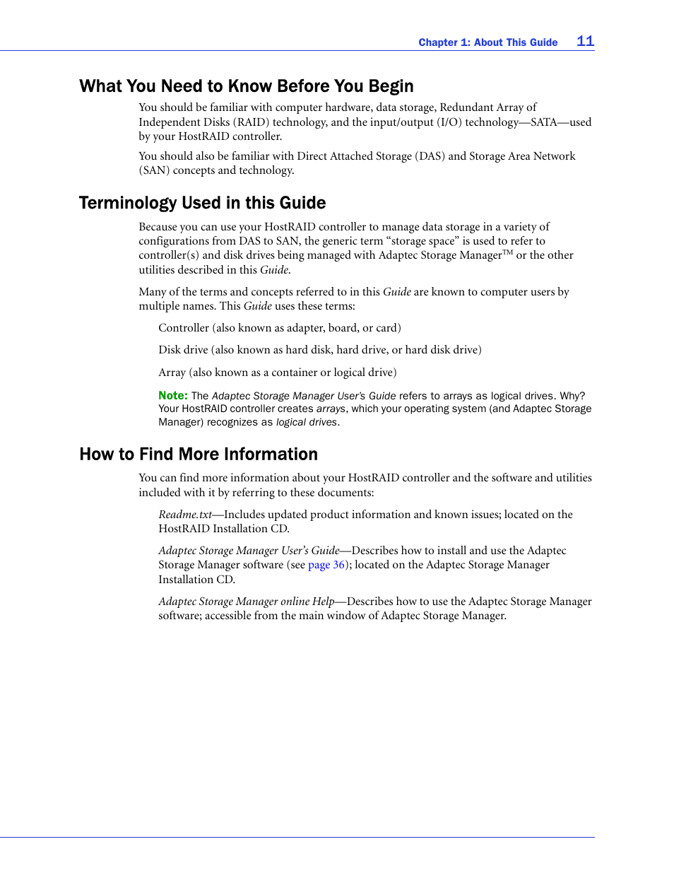 What you need to know before you begin, Terminology used in this guide, How to find more information | Adaptec ATA II 1220SA User Manual | Page 11 / 78