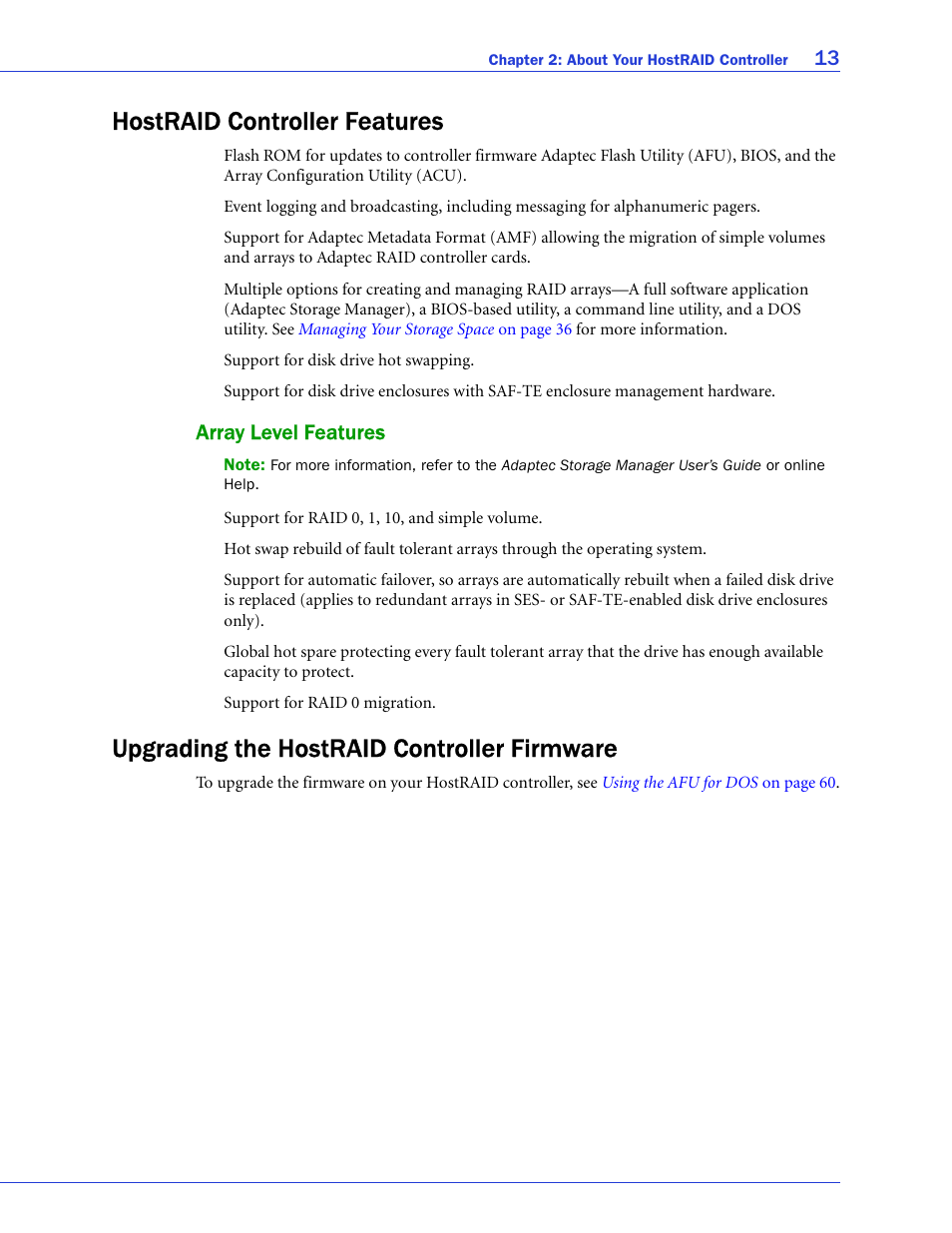 Hostraid controller features, Array level features, Upgrading the hostraid controller firmware | Adaptec ATA II 1220SA User Manual | Page 13 / 78