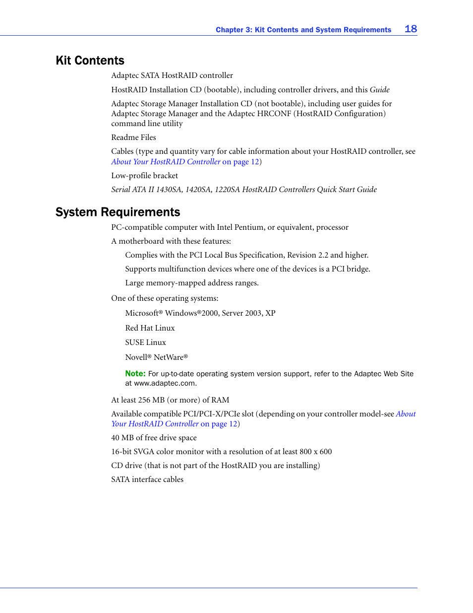 Kit contents, System requirements, Kit contents system requirements | Adaptec ATA II 1220SA User Manual | Page 18 / 78