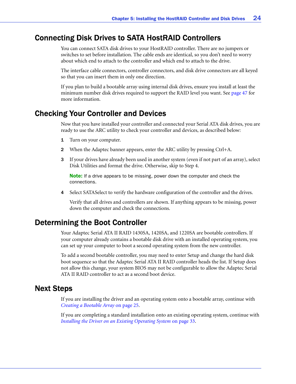 Checking your controller and devices, Determining the boot controller, Next steps | Adaptec ATA II 1220SA User Manual | Page 24 / 78