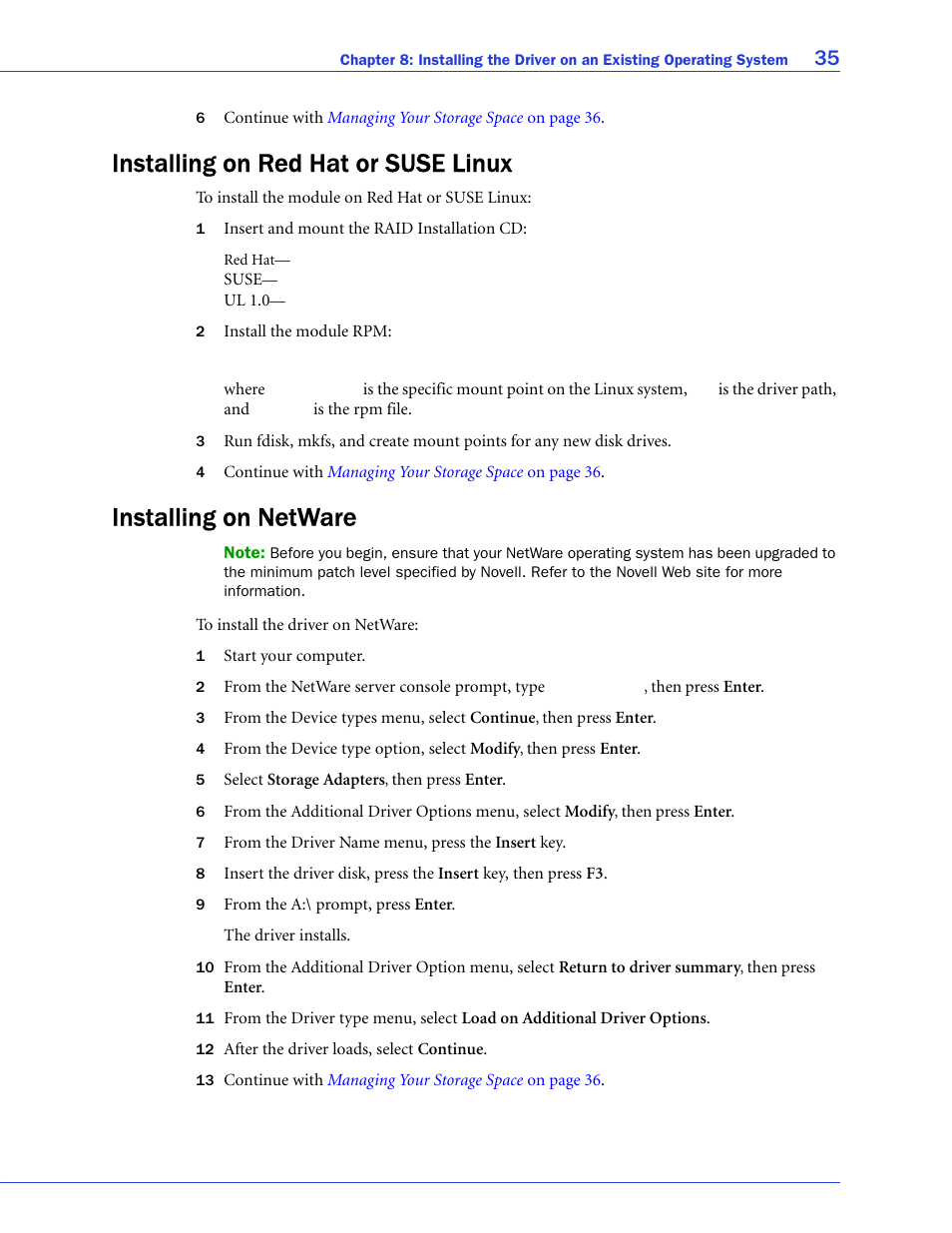 Installing on red hat or suse linux, Installing on netware | Adaptec ATA II 1220SA User Manual | Page 35 / 78