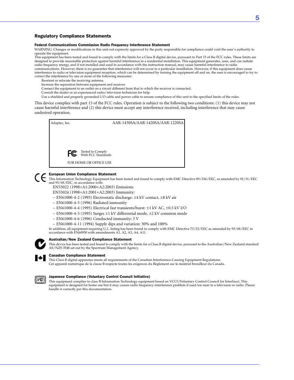 Regulatory compliance statements | Adaptec ATA II 1220SA User Manual | Page 5 / 78