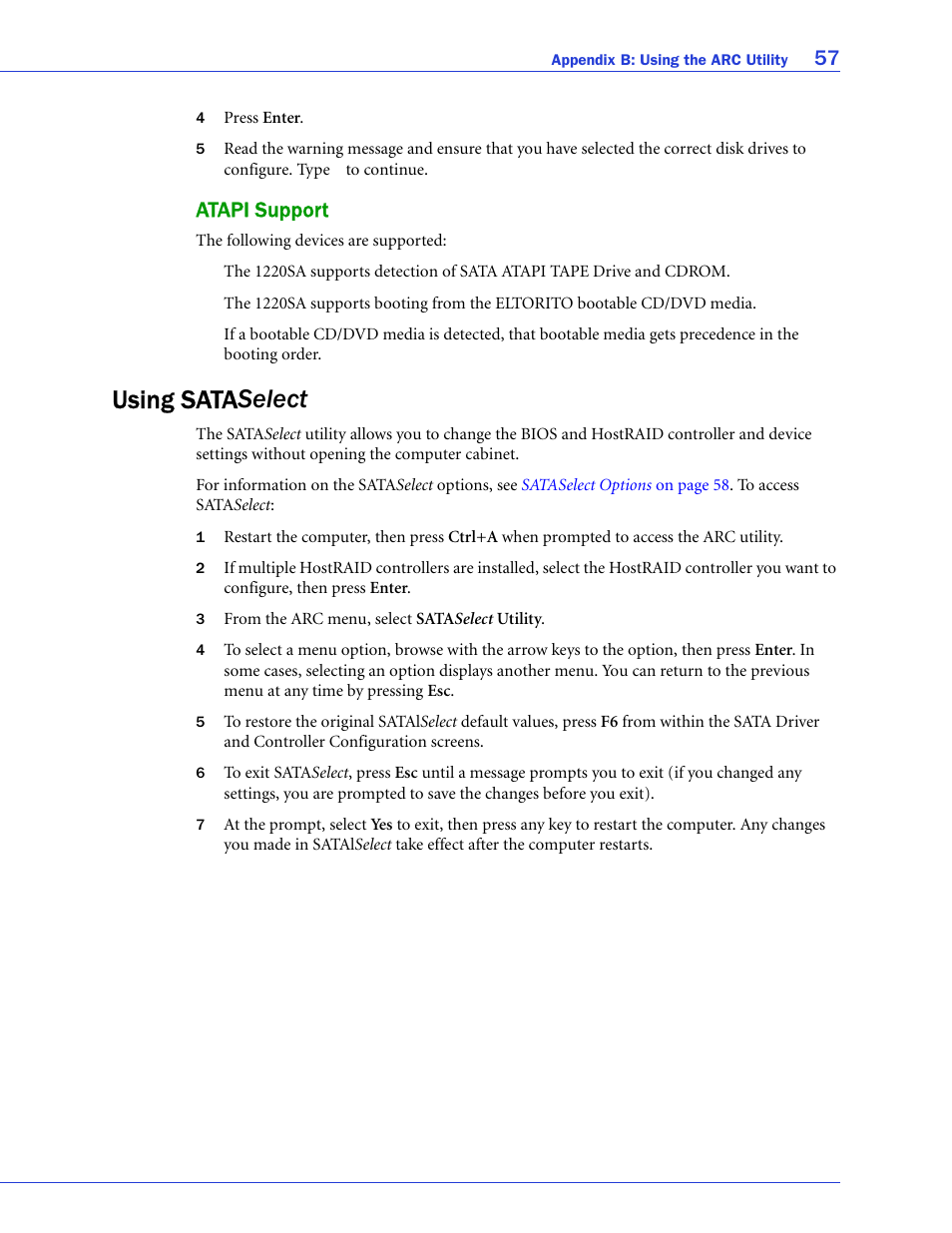 Atapi support, Using sataselect, Using sata select | Adaptec ATA II 1220SA User Manual | Page 57 / 78
