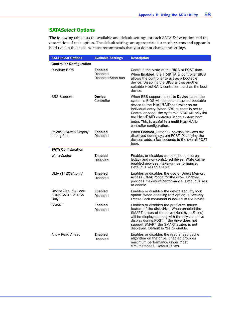 Sataselect options, Sata sele, 58 sata select options | Adaptec ATA II 1220SA User Manual | Page 58 / 78