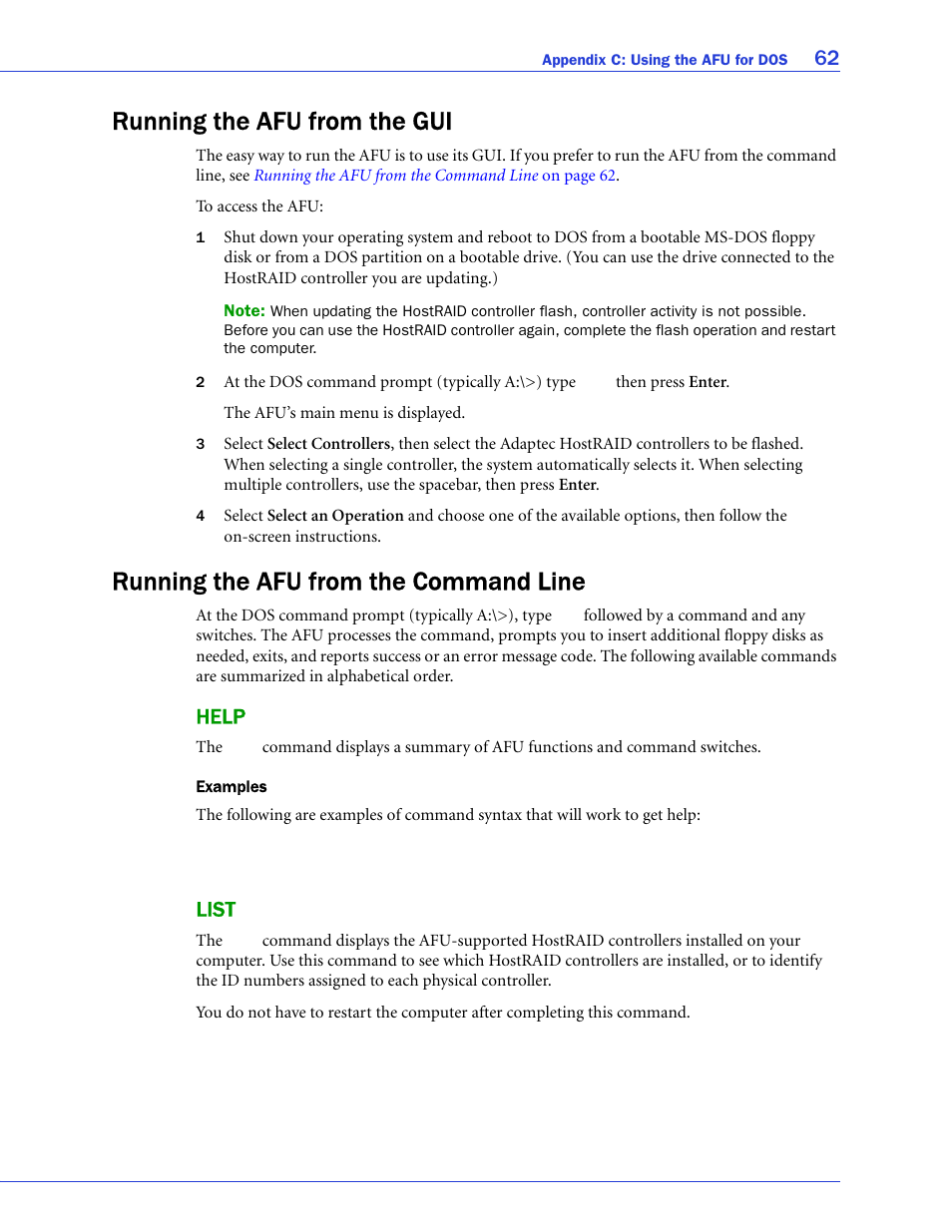 Running the afu from the gui, Running the afu from the command line, Help | List, Help list | Adaptec ATA II 1220SA User Manual | Page 62 / 78