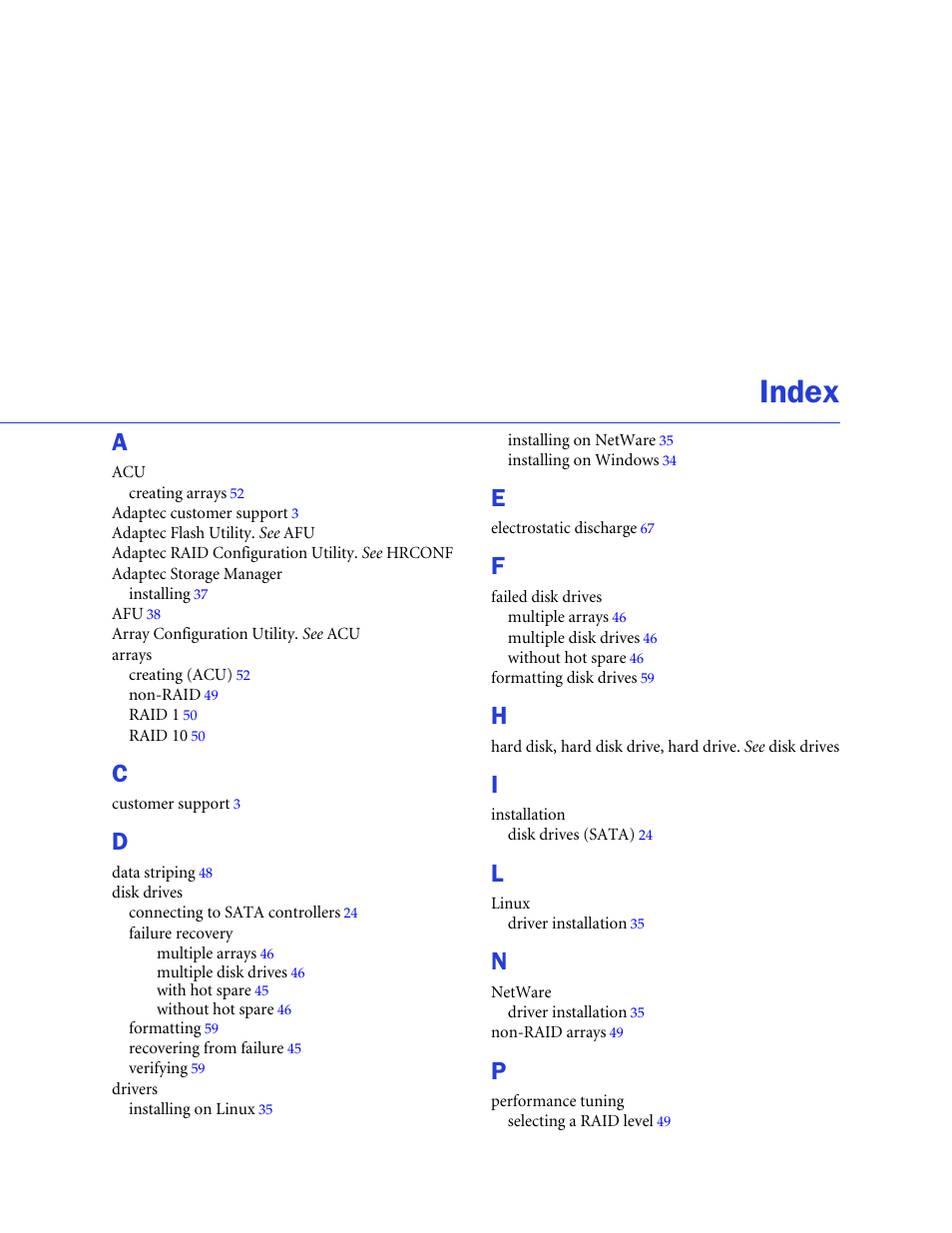 Index | Adaptec ATA II 1220SA User Manual | Page 76 / 78