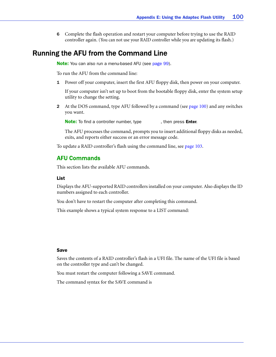 Running the afu from the command line, Afu commands, List | Save, Afu from the command line (see | Adaptec SAS/SATA/SCSI RAID Controllers User Manual | Page 100 / 112
