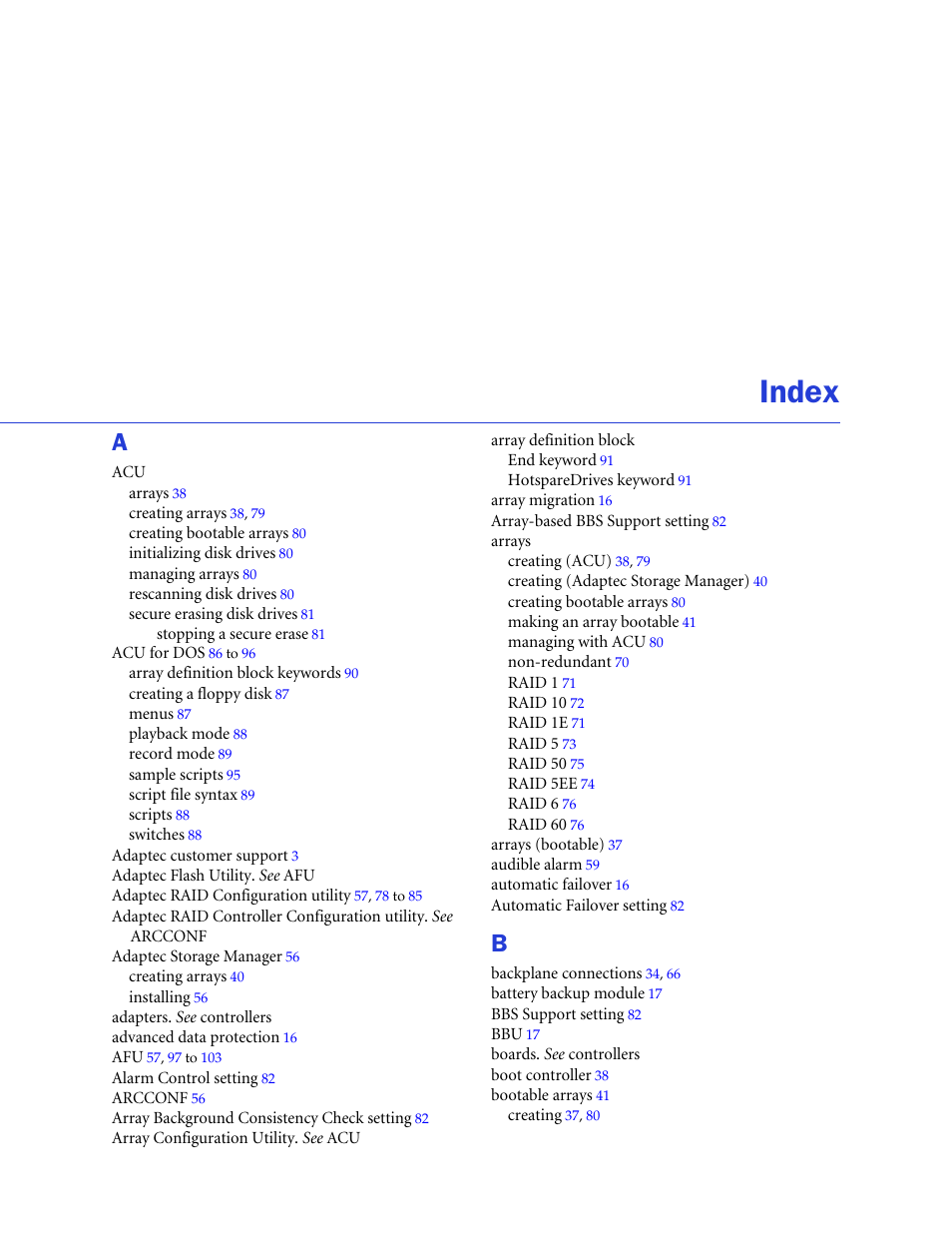 Index | Adaptec SAS/SATA/SCSI RAID Controllers User Manual | Page 107 / 112