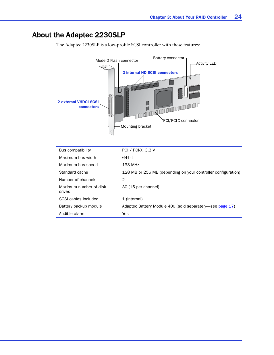 About the adaptec 2230slp | Adaptec SAS/SATA/SCSI RAID Controllers User Manual | Page 24 / 112