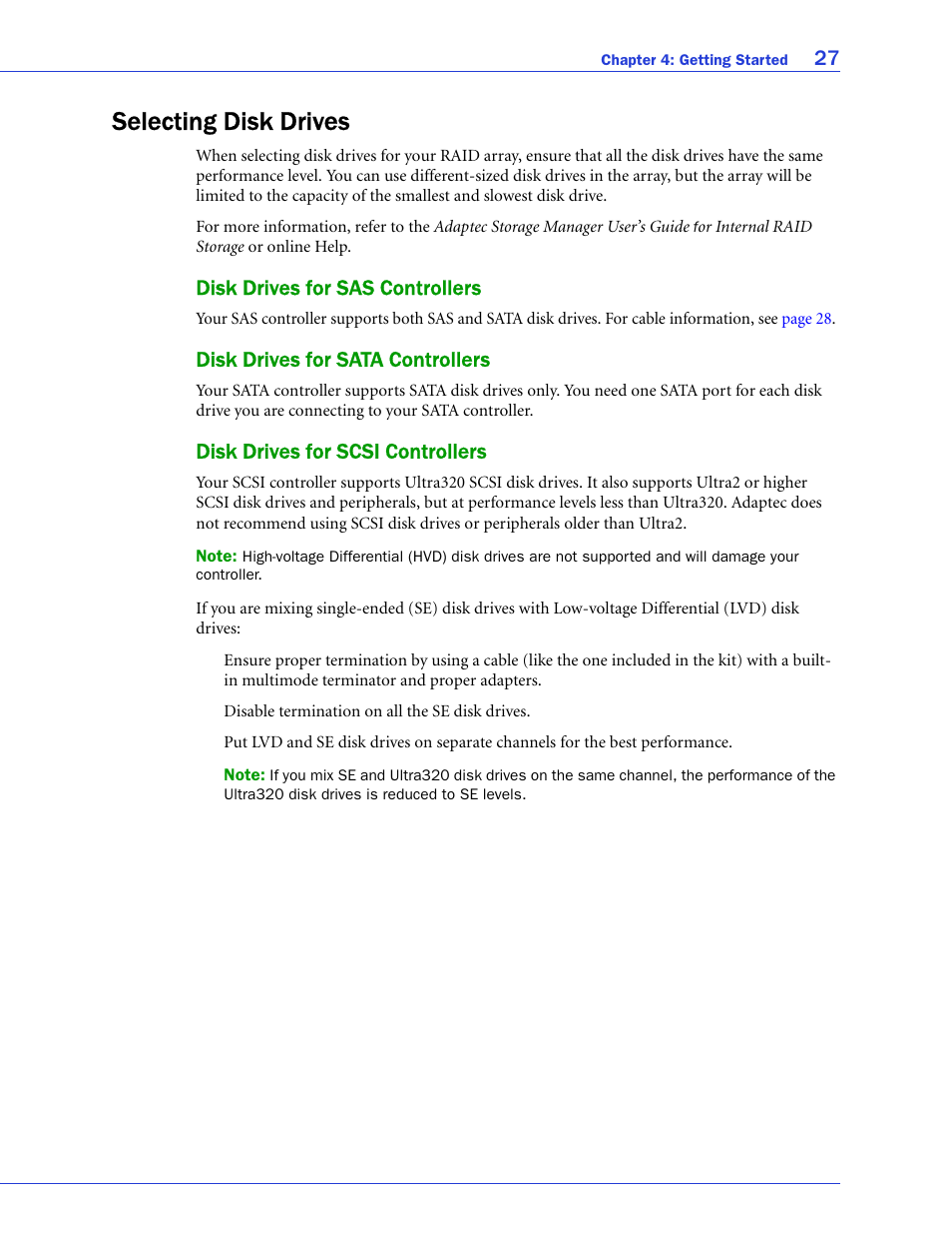 Selecting disk drives, Disk drives for sas controllers, Disk drives for sata controllers | Disk drives for scsi controllers | Adaptec SAS/SATA/SCSI RAID Controllers User Manual | Page 27 / 112