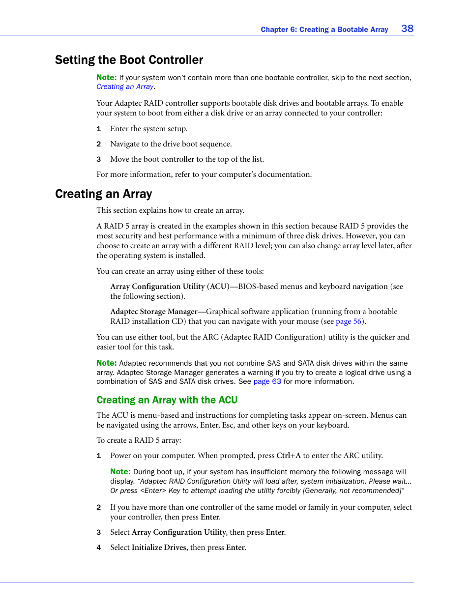Setting the boot controller, Creating an array, Creating an array with the acu | Setting the boot controller creating an array | Adaptec SAS/SATA/SCSI RAID Controllers User Manual | Page 38 / 112