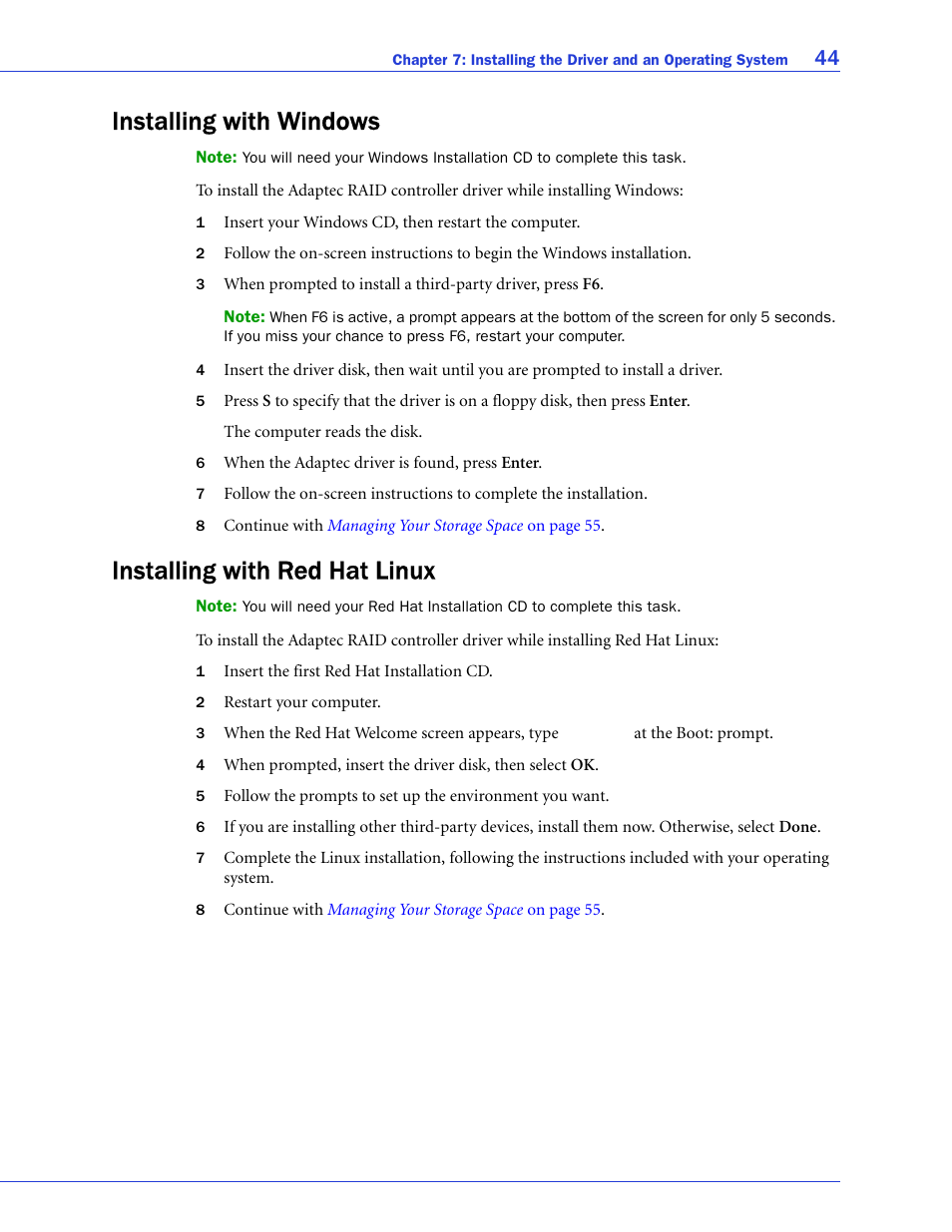 Installing with windows, Installing with red hat linux, S, see | Adaptec SAS/SATA/SCSI RAID Controllers User Manual | Page 44 / 112