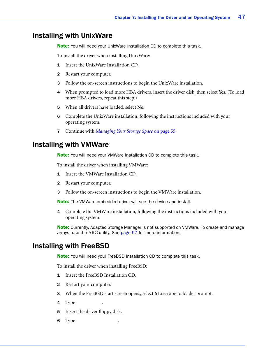 Installing with unixware, Installing with vmware, Installing with freebsd | Adaptec SAS/SATA/SCSI RAID Controllers User Manual | Page 47 / 112
