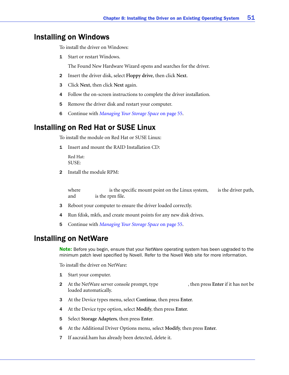 Installing on windows, Installing on red hat or suse linux, Installing on netware | S, see | Adaptec SAS/SATA/SCSI RAID Controllers User Manual | Page 51 / 112