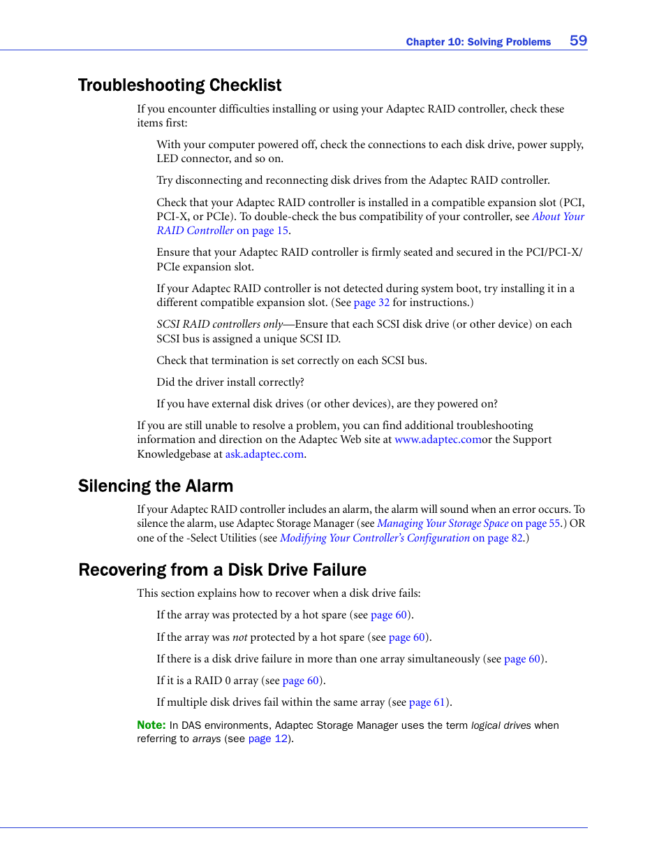 Troubleshooting checklist, Silencing the alarm, Recovering from a disk drive failure | Adaptec SAS/SATA/SCSI RAID Controllers User Manual | Page 59 / 112